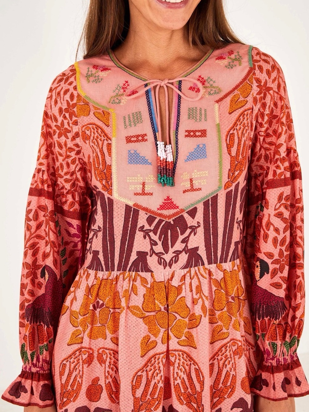 FARM Rio Anika Maxi Dress Pink and Coral Print with Embroidered Neckline - Small - Picture 4 of 7
